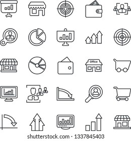 Thin Line Icon Set - growth statistic vector, crisis graph, store, monitor statistics, pie, hr, target, consumer search, arrow up, wallet, cart, presentation, storefront