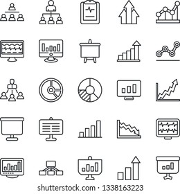 Thin Line Icon Set - growth statistic vector, hierarchy, presentation board, monitor, circle chart, pulse, clipboard, statistics, bar graph, point, arrow up, crisis