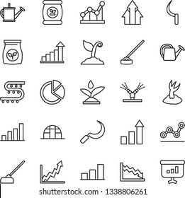 Thin Line Icon Set - growth statistic vector, watering can, sproute, hoe, sickle, greenhouse, fertilizer, drip irrigation, bar graph, pie, point, arrow up, crisis, presentation
