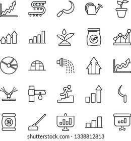 Thin Line Icon Set - growth statistic vector, seedling, watering can, hoe, sickle, greenhouse, fertilizer, drip irrigation, bar graph, pie, point, career ladder, arrow up, presentation