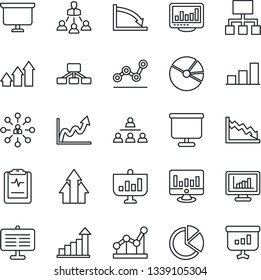 Thin Line Icon Set - growth statistic vector, hierarchy, presentation board, monitor, pulse clipboard, statistics, bar graph, pie, point, arrow up, crisis