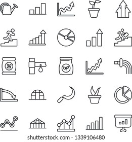 Thin Line Icon Set - growth statistic vector, seedling, watering can, sickle, greenhouse, fertilizer, drip irrigation, bar graph, pie, point, career ladder, arrow up, crisis, presentation