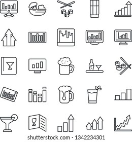 Thin Line Icon Set - growth statistic vector, monitor, barcode, equalizer, scanner, statistics, bar graph, alcohol, wine card, drink, cocktail, phyto, beer, salad, sushi, arrow up