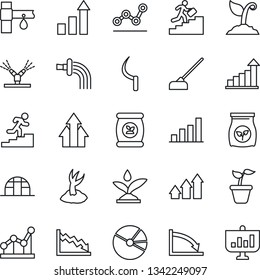 Thin Line Icon Set - growth statistic vector, seedling, watering, sproute, hoe, sickle, greenhouse, fertilizer, drip irrigation, bar graph, pie, point, career ladder, arrow up, crisis, presentation