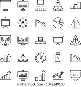 Thin Line Icon Set - growth statistic vector, hierarchy, presentation board, monitor, pulse clipboard, statistics, bar graph, pie, point, arrow up, crisis