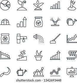 Thin Line Icon Set - growth statistic vector, seedling, watering can, sproute, hoe, sickle, greenhouse, fertilizer, drip irrigation, bar graph, pie, point, career ladder, crisis, presentation