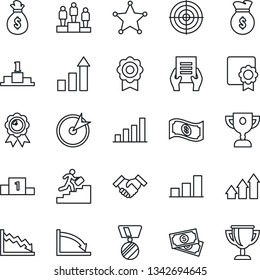 Thin Line Icon Set - growth statistic vector, pedestal, medal, document, cash, sertificate, bar graph, target, handshake, career ladder, police, arrow up, money bag, crisis, award cup