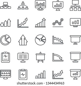 Thin Line Icon Set - growth statistic vector, presentation board, monitor, pulse, clipboard, bar graph, pie, point, hierarchy, arrow up, crisis