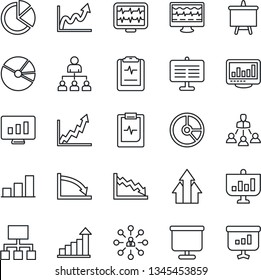 Thin Line Icon Set - growth statistic vector, hierarchy, presentation board, monitor, circle chart, pulse, clipboard, statistics, bar graph, pie, arrow up, crisis