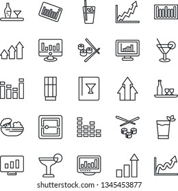 Thin Line Icon Set - growth statistic vector, monitor, barcode, equalizer, scanner, statistics, alcohol, wine card, drink, cocktail, phyto bar, salad, sushi, arrow up graph
