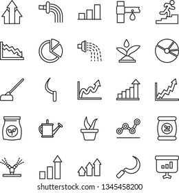 Thin Line Icon Set - growth statistic vector, seedling, watering can, hoe, sickle, fertilizer, drip irrigation, bar graph, pie, point, career ladder, arrow up, crisis, presentation