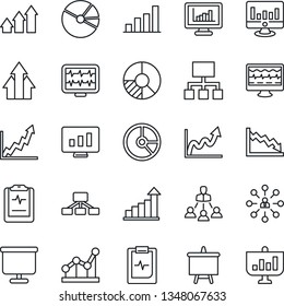 Thin Line Icon Set - growth statistic vector, hierarchy, presentation board, monitor, circle chart, pulse, clipboard, statistics, bar graph, pie, point, arrow up, crisis