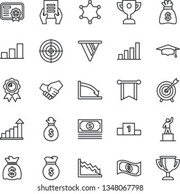 Thin Line Icon Set - growth statistic vector, pedestal, medal, graduate, money bag, document, cash, bar graph, target, police, handshake, pennon, crisis, certificate, award cup