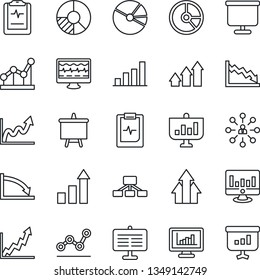 Thin Line Icon Set - growth statistic vector, hierarchy, presentation board, monitor, circle chart, pulse, clipboard, statistics, bar graph, pie, point, arrow up, crisis