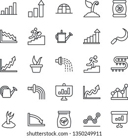 Thin Line Icon Set - growth statistic vector, seedling, watering can, sproute, sickle, greenhouse, fertilizer, drip irrigation, bar graph, point, career ladder, crisis, presentation