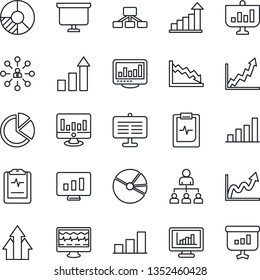 Thin Line Icon Set - growth statistic vector, hierarchy, presentation board, monitor, circle chart, pulse, clipboard, statistics, bar graph, pie, arrow up, crisis
