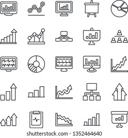 Thin Line Icon Set - growth statistic vector, presentation board, monitor, circle chart, pulse, clipboard, statistics, bar graph, pie, point, hierarchy, arrow up, crisis