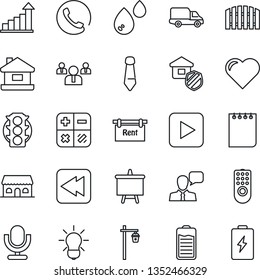 Thin Line Icon Set - growth statistic vector, calculator, team, notepad, tie, presentation board, garden light, heart, traffic, car delivery, microphone, speaker, battery, play button, rewind, house