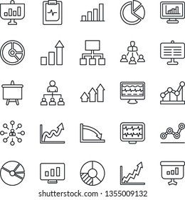 Thin Line Icon Set - growth statistic vector, hierarchy, presentation board, monitor, circle chart, pulse, clipboard, statistics, bar graph, pie, point, arrow up, crisis