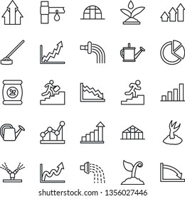 Thin Line Icon Set - growth statistic vector, watering can, sproute, hoe, greenhouse, fertilizer, drip irrigation, bar graph, pie, point, career ladder, arrow up, crisis