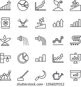 Thin Line Icon Set - growth statistic vector, watering can, sproute, hoe, sickle, fertilizer, drip irrigation, bar graph, pie, point, career ladder, arrow up, presentation