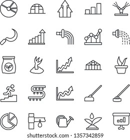 Thin Line Icon Set - growth statistic vector, seedling, watering can, sproute, hoe, sickle, greenhouse, fertilizer, drip irrigation, bar graph, pie, point, career ladder, arrow up, presentation