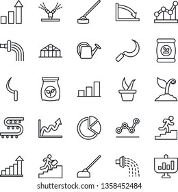 Thin Line Icon Set - growth statistic vector, seedling, watering can, sproute, hoe, sickle, greenhouse, fertilizer, drip irrigation, bar graph, pie, point, career ladder, crisis, presentation