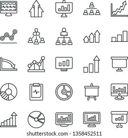 Thin Line Icon Set - growth statistic vector, hierarchy, presentation board, monitor, circle chart, pulse, clipboard, statistics, bar graph, pie, point, arrow up, crisis