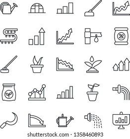 Thin Line Icon Set - growth statistic vector, seedling, watering can, hoe, sickle, greenhouse, fertilizer, drip irrigation, bar graph, point, arrow up, crisis, presentation
