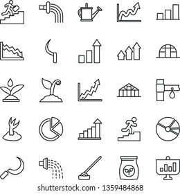 Thin Line Icon Set - growth statistic vector, watering can, sproute, hoe, sickle, greenhouse, fertilizer, drip irrigation, bar graph, pie, career ladder, arrow up, crisis, presentation