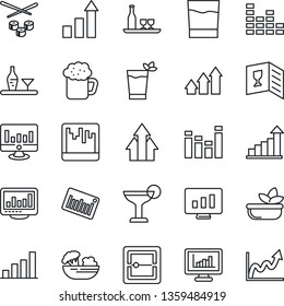 Thin Line Icon Set - growth statistic vector, monitor, barcode, equalizer, scanner, statistics, bar graph, alcohol, wine card, drink, cocktail, phyto, beer, salad, sushi, arrow up