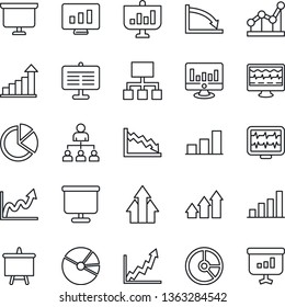 Thin Line Icon Set - growth statistic vector, hierarchy, presentation board, monitor, circle chart, pulse, bar graph, pie, point, arrow up, crisis