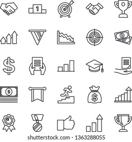 Thin Line Icon Set - growth statistic vector, dollar sign, medal, graduate, money bag, document, cash, finger up, bar graph, target, handshake, career ladder, arrow, pennon, crisis, pedestal