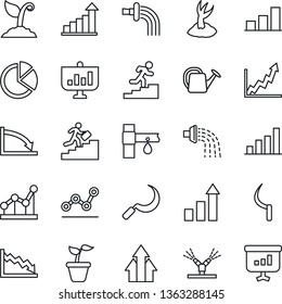 Thin Line Icon Set - growth statistic vector, seedling, watering can, sproute, sickle, drip irrigation, bar graph, pie, point, career ladder, arrow up, crisis, presentation