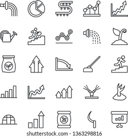 Thin Line Icon Set - growth statistic vector, watering can, sproute, hoe, sickle, greenhouse, fertilizer, drip irrigation, bar graph, pie, point, career ladder, arrow up, crisis, presentation