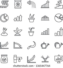 Thin Line Icon Set - growth statistic vector, seedling, watering can, sproute, sickle, greenhouse, fertilizer, drip irrigation, bar graph, pie, career ladder, arrow up, crisis, presentation