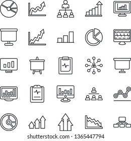 Thin Line Icon Set - growth statistic vector, hierarchy, presentation board, monitor, circle chart, pulse, clipboard, statistics, bar graph, pie, point, arrow up, crisis