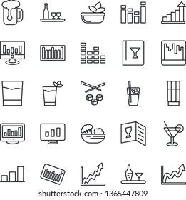 Thin Line Icon Set - growth statistic vector, monitor, barcode, equalizer, scanner, statistics, bar graph, alcohol, wine card, drink, cocktail, phyto, beer, salad, sushi