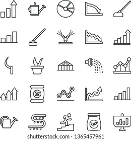 Thin Line Icon Set - growth statistic vector, seedling, watering can, hoe, sickle, greenhouse, fertilizer, drip irrigation, bar graph, pie, point, career ladder, arrow up, crisis, presentation