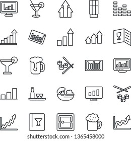 Thin Line Icon Set - growth statistic vector, monitor, barcode, equalizer, scanner, statistics, bar graph, alcohol, wine card, drink, cocktail, beer, salad, sushi, arrow up