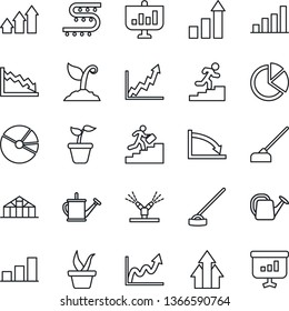 Thin Line Icon Set - growth statistic vector, seedling, watering can, sproute, hoe, greenhouse, drip irrigation, bar graph, pie, career ladder, arrow up, crisis, presentation