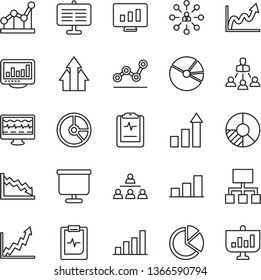 Thin Line Icon Set - growth statistic vector, hierarchy, monitor, circle chart, pulse, clipboard, statistics, presentation board, bar graph, pie, point, arrow up, crisis