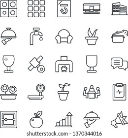 Thin Line Icon Set - growth statistic vector, document reload, seedling, pulse clipboard, satellite, fragile, heavy scales, railroad, dialog, menu, scanner, application, meeting, water supply