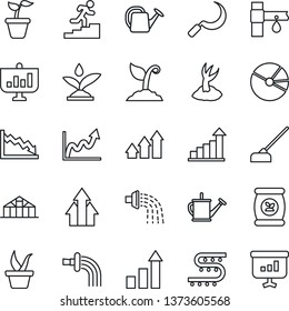 Thin Line Icon Set - growth statistic vector, seedling, watering can, sproute, hoe, sickle, greenhouse, fertilizer, drip irrigation, pie graph, career ladder, arrow up, crisis, presentation