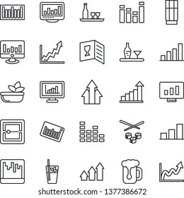 Thin Line Icon Set - growth statistic vector, monitor, barcode, equalizer, scanner, statistics, bar graph, alcohol, wine card, drink, phyto, beer, salad, sushi, arrow up