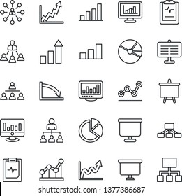 Thin Line Icon Set - growth statistic vector, hierarchy, presentation board, monitor, pulse clipboard, statistics, bar graph, pie, point, crisis
