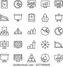 Thin Line Icon Set - growth statistic vector, hierarchy, presentation board, monitor, circle chart, pulse, clipboard, statistics, pie graph, arrow up, crisis