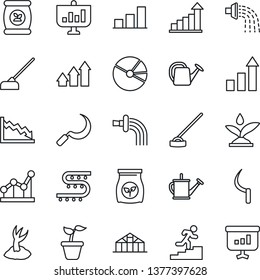 Thin Line Icon Set - growth statistic vector, seedling, watering can, sproute, hoe, sickle, greenhouse, fertilizer, drip irrigation, bar graph, pie, point, career ladder, arrow up, crisis