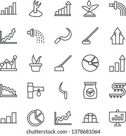 Thin Line Icon Set - growth statistic vector, seedling, watering, sproute, hoe, sickle, greenhouse, fertilizer, drip irrigation, bar graph, pie, point, arrow up, crisis, presentation