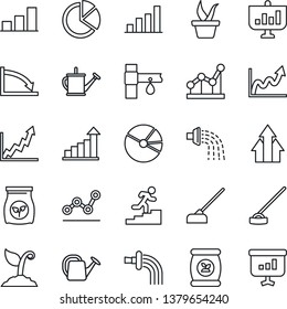 Thin Line Icon Set - growth statistic vector, seedling, watering can, sproute, hoe, fertilizer, drip irrigation, bar graph, pie, point, career ladder, arrow up, crisis, presentation